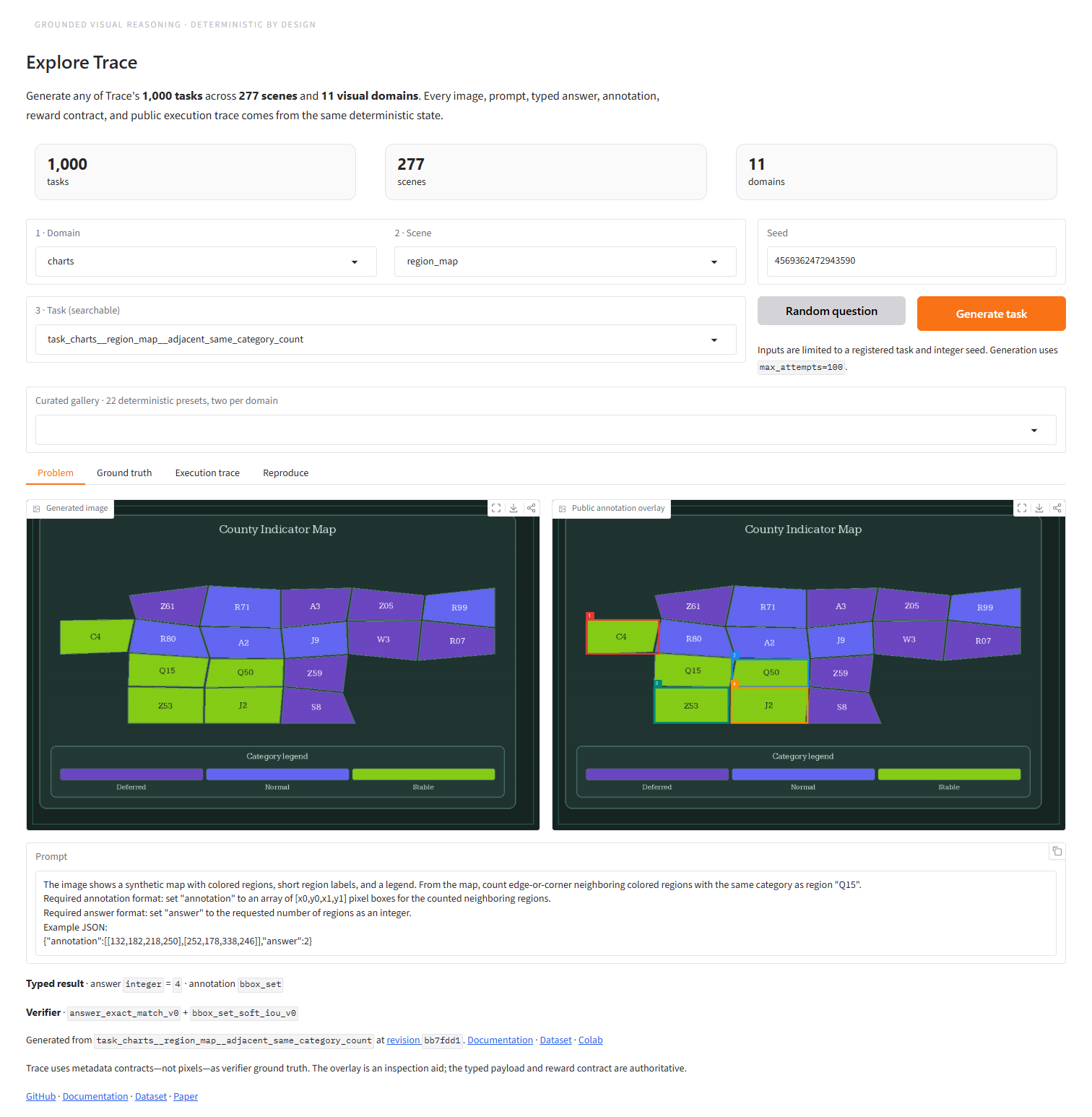 The Trace Space showing a generated task, its public annotation overlay, prompt, and deterministic selectors.